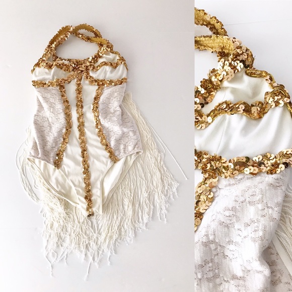 Vintage Fringe Back Bodysuit Sequin White Lace S - Picture 4 of 10